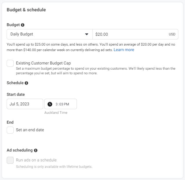 Setting daily budget for Facebook ads