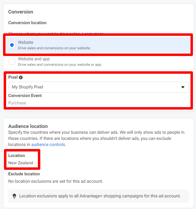 Facebook ads campaign setup popup - conversions and audience